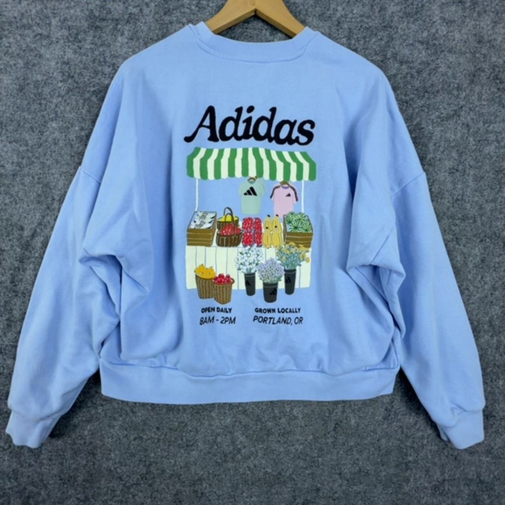 Adidas Sweatshirt Womens L Blue Portland Farmers Market Graphic Crew Pullover